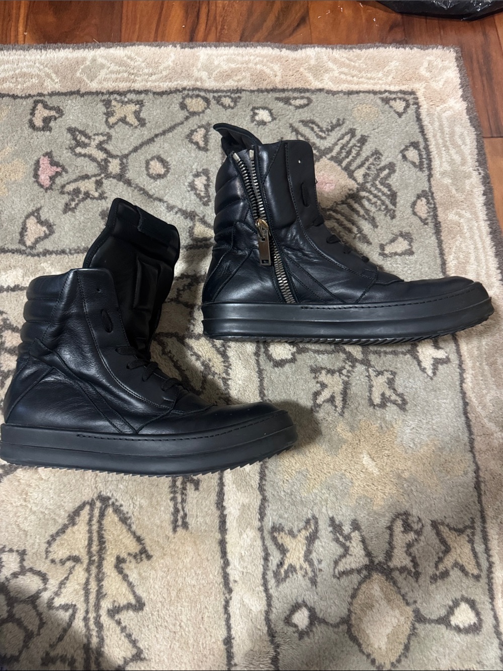 Rick Owen’s Classic Black Leather High-Top Sneakers with Side Zipper